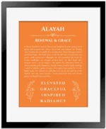 Alayah personalized name meaning print in orange with black matte frame
