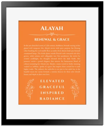 Alayah personalized name meaning print in orange with black matte frame