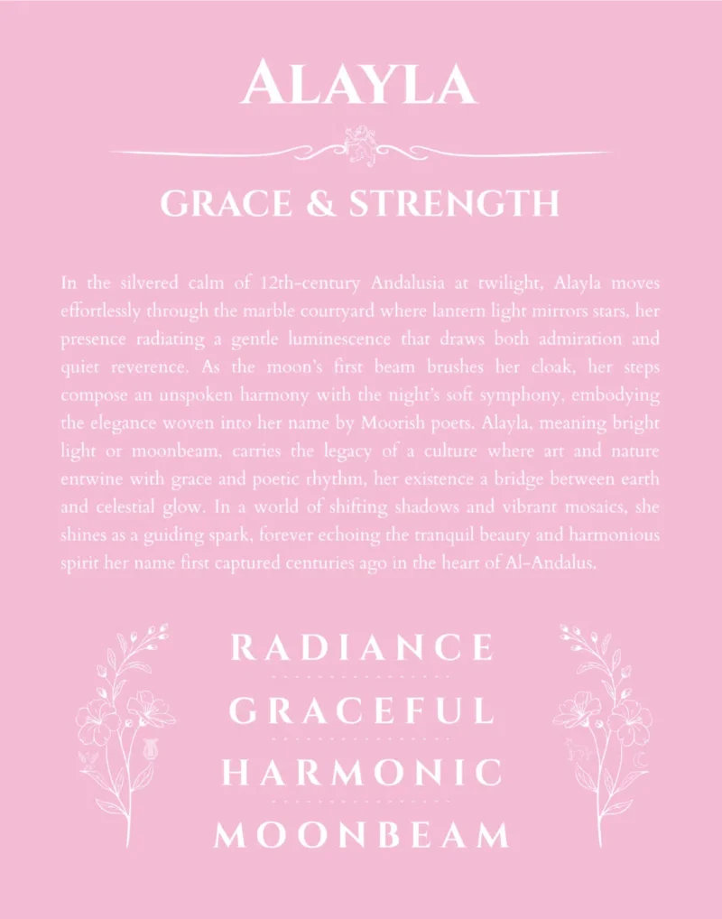 Alayla personalized name art with origin story in light pink
