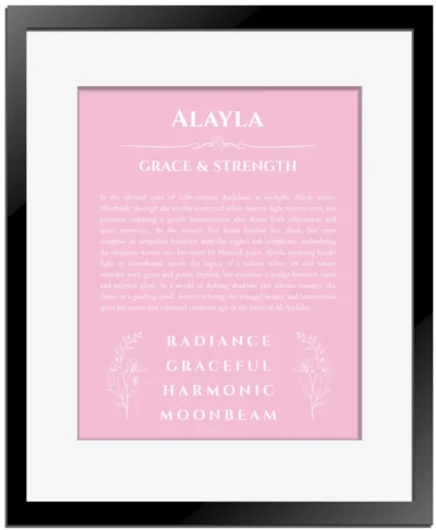 Alayla personalized name art with origin story in light pink with black matte frame