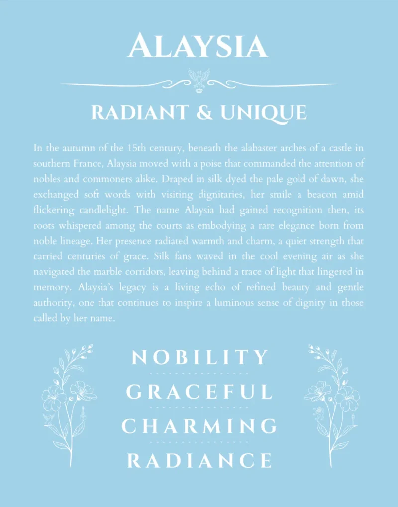 Alaysia name origin print with meaning and traits in light blue