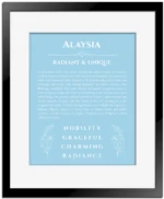 Alaysia name origin print with meaning and traits in light blue with black matte frame