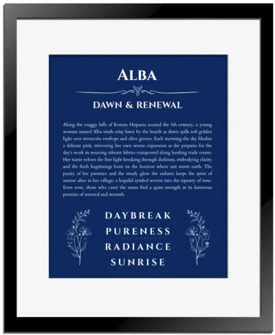 Alba name meaning wall art by Get Your Story in deep blue with black matte frame