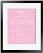 Albert personalized wall art with the story of your name in light pink with black matte frame