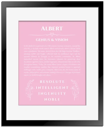 Albert personalized wall art with the story of your name in light pink with black matte frame