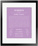 Alberto personalized wall art with the story of your name in light purple with black matte frame