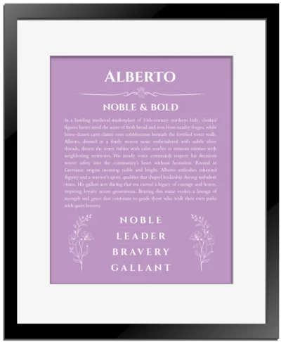Alberto personalized wall art with the story of your name in light purple with black matte frame