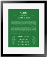 Aldo personalized name print with origin and traits in dark green with black matte frame