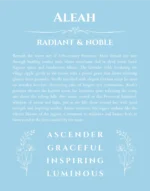 Aleah personalized name art with origin story in light blue