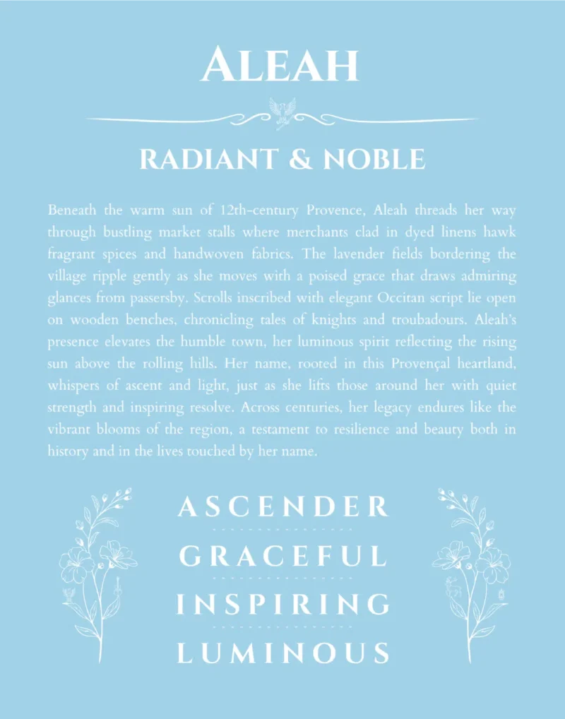 Aleah personalized name art with origin story in light blue