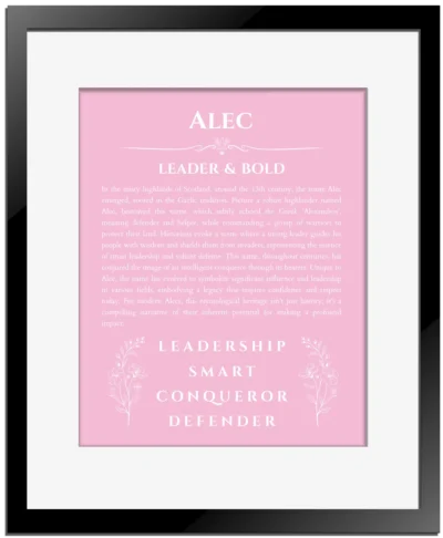 Alec name meaning gift print in light pink with black matte frame
