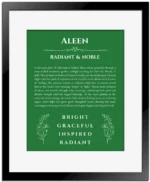 Aleen personalized name meaning print in dark green with black matte frame