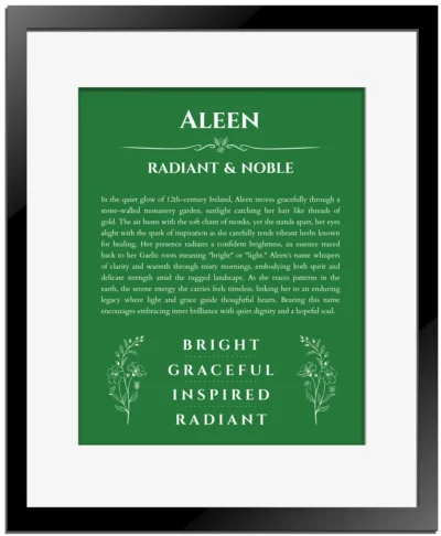 Aleen personalized name meaning print in dark green with black matte frame