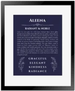 Aleena personalized name print with origin and traits in navy blue with black matte frame