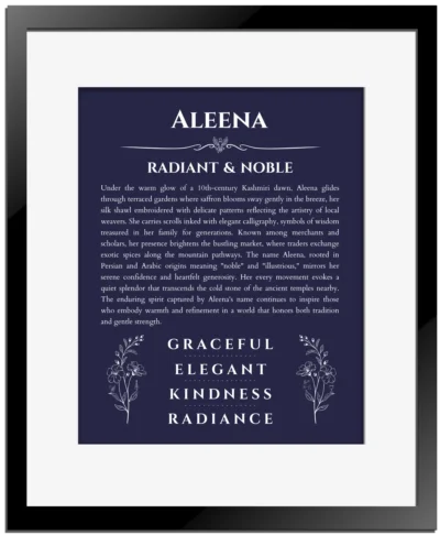 Aleena personalized name print with origin and traits in navy blue with black matte frame