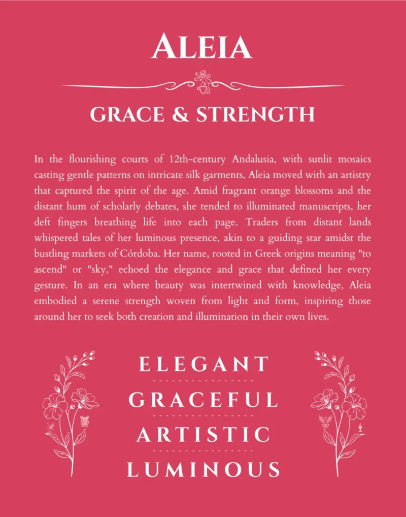 Aleia name origin print with meaning and traits in red