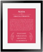 Aleia name origin print with meaning and traits in red with black matte frame