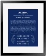 Aleida personalized wall art with the story of your name in deep blue with black matte frame