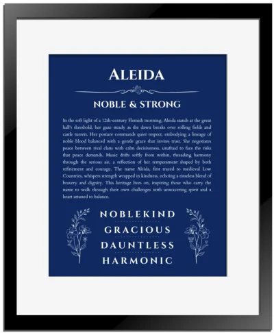 Aleida personalized wall art with the story of your name in deep blue with black matte frame