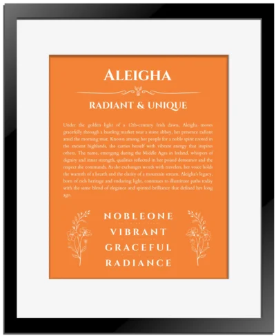 Aleigha custom name meaning print in orange with black matte frame