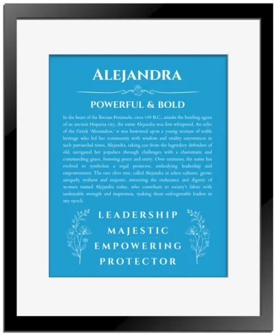 Alejandra custom name meaning print in blue with black matte frame