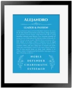 Alejandro personalized wall art with the story of your name in blue with black matte frame