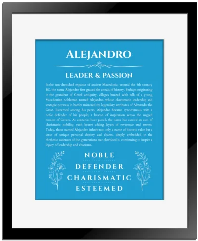 Alejandro personalized wall art with the story of your name in blue with black matte frame