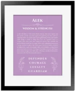 Alek personalized wall art with the story of your name in light purple with black matte frame
