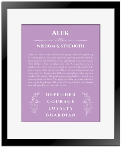 Alek personalized wall art with the story of your name in light purple with black matte frame