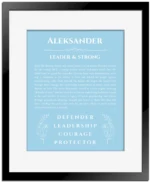 Aleksander name meaning wall art by Get Your Story in light blue with black matte frame