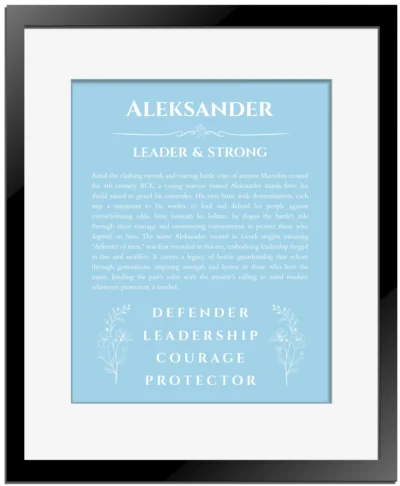 Aleksander name meaning wall art by Get Your Story in light blue with black matte frame