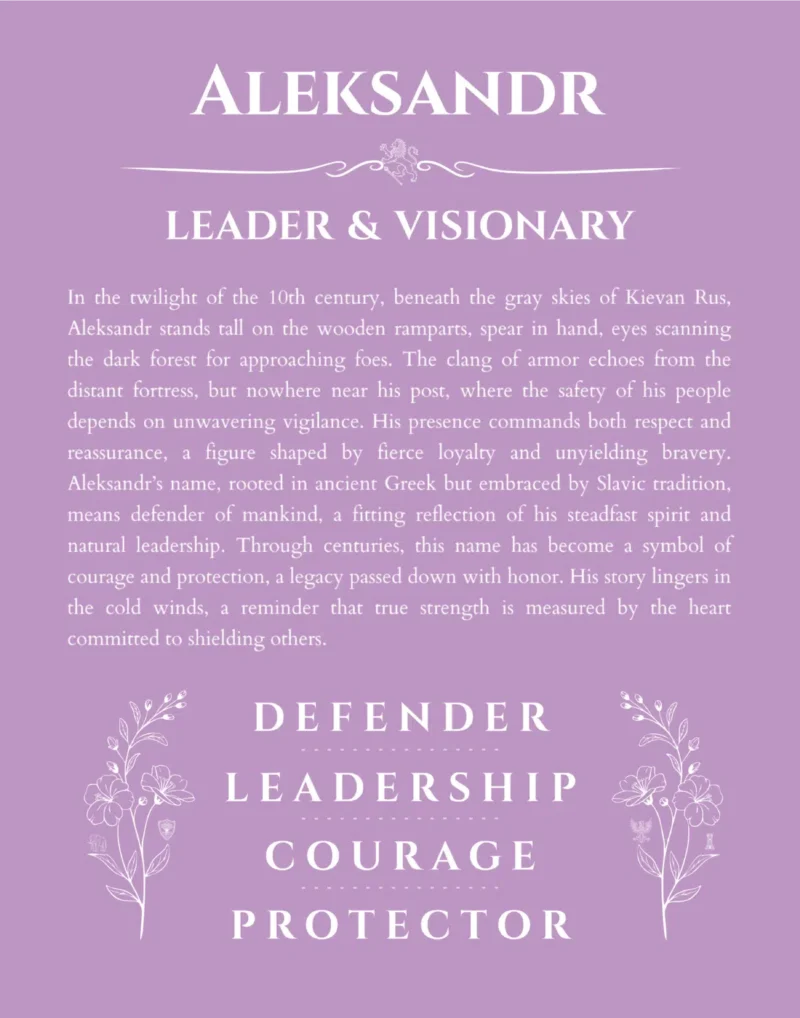Aleksandr custom name art showing meaning and origin in light purple