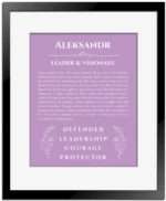 Aleksandr custom name art showing meaning and origin in light purple with black matte frame