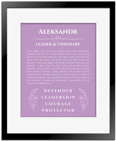 Aleksandr custom name art showing meaning and origin in light purple with black matte frame