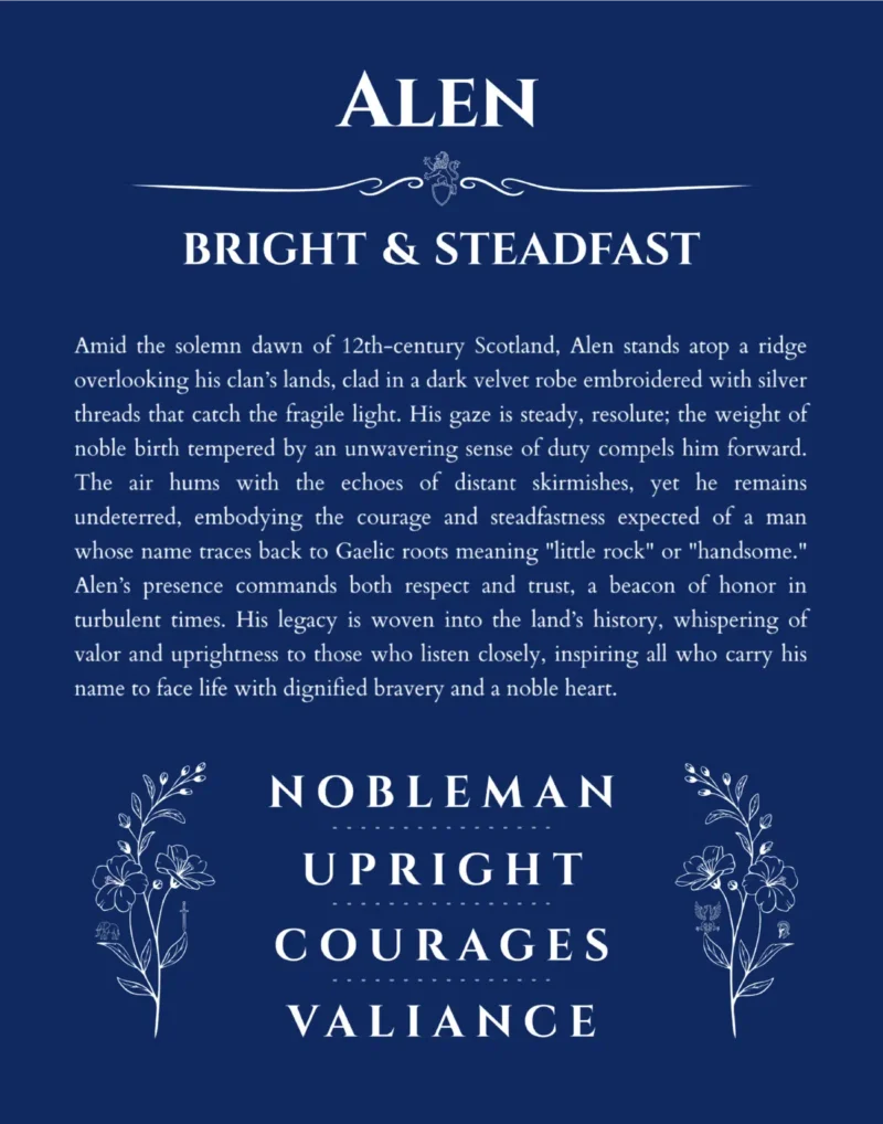 Alen name origin print with meaning and traits in deep blue