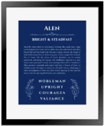 Alen name origin print with meaning and traits in deep blue with black matte frame