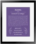 Alena name meaning gift print in purple with black matte frame