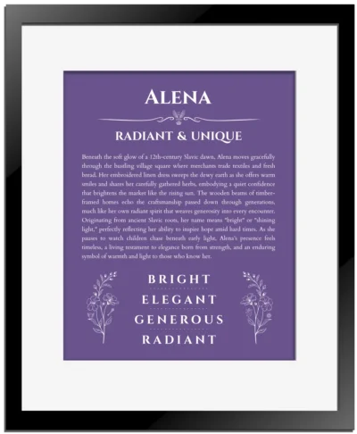 Alena name meaning gift print in purple with black matte frame