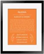 Alessa personalized wall art with the story of your name in orange with black matte frame