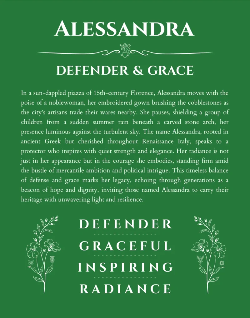 Alessandra personalized name art with origin story in dark green