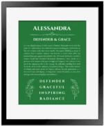 Alessandra personalized name art with origin story in dark green with black matte frame