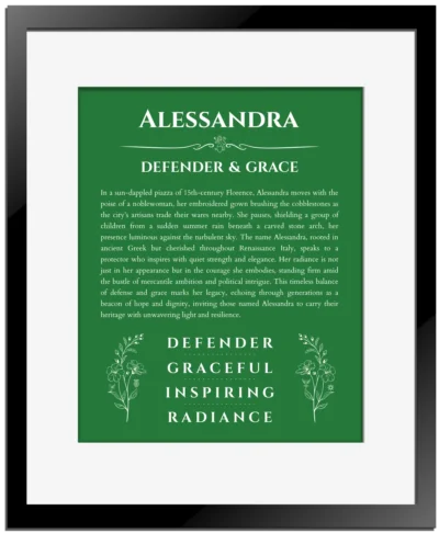 Alessandra personalized name art with origin story in dark green with black matte frame