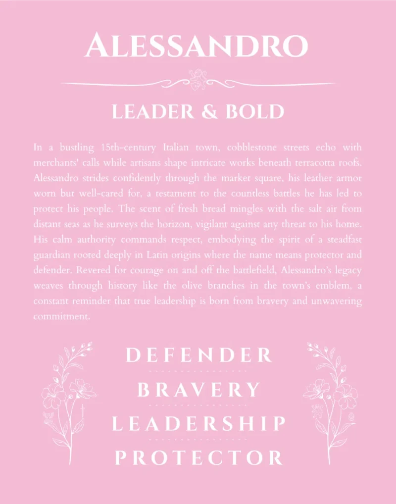 Alessandro personalized name print with origin and traits in light pink