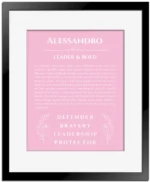 Alessandro personalized name print with origin and traits in light pink with black matte frame