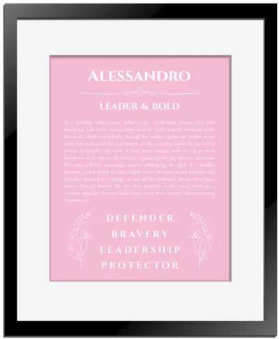 Alessandro personalized name print with origin and traits in light pink with black matte frame