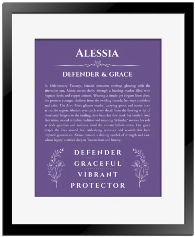 Alessia name meaning gift print in purple with black matte frame