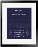 Alessio personalized name meaning print in navy blue with black matte frame