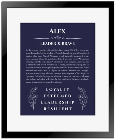 Alex name origin print with meaning and traits in navy blue with black matte frame