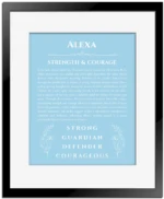 Alexa name meaning wall art by Get Your Story in light blue with black matte frame