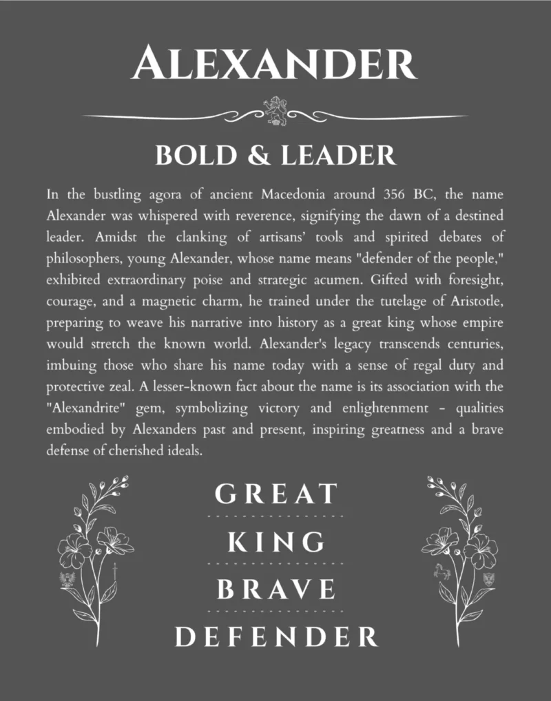 Alexander custom name art showing meaning and origin in gray